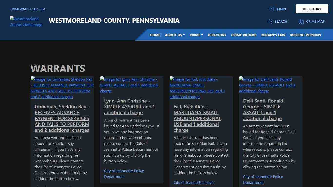 Warrants for Westmoreland County, Pennsylvania | CRIMEWATCH